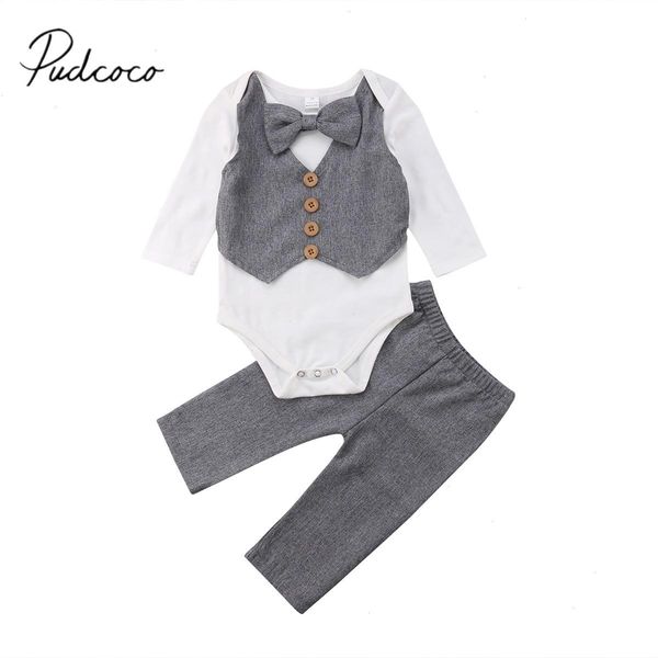 

brand newborn infant baby boys set gentleman clothes 2pcs long sleeve bow grey formal romper pants party outfit, White