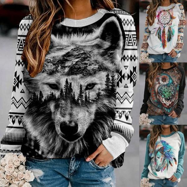 Damen Hoodies Sweatshirts Print Pullover Frauen Lange Ärmel O-Ausschnitt Animal Tribe Style Pullover 2022 Herbst Casual Casuald Damen Sweats