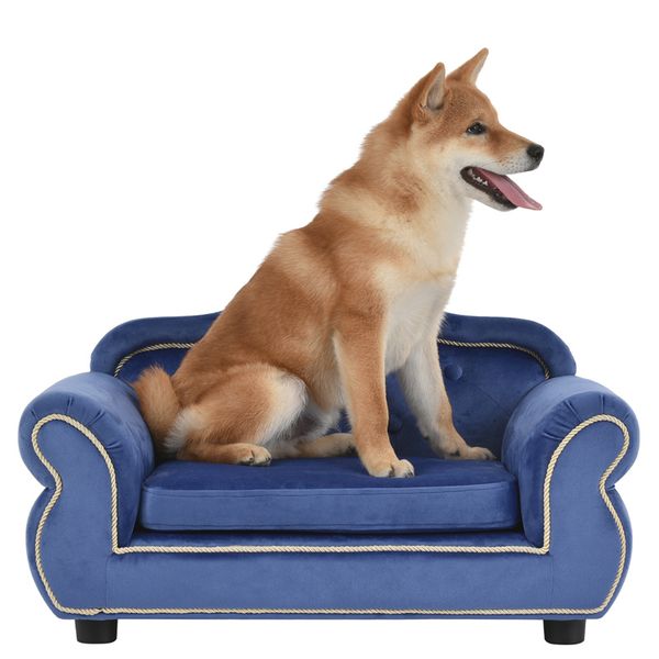 

new 27" pet sofa dog bed cat sofa wooden frame velvet with buttons and beige rope lines 4 black sturdy plastic feet