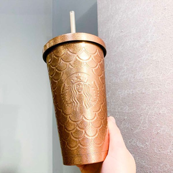 

starbucks cup 50th anniversary shiny fish scale stainless steel straw cup tuhao gold covered deskcup