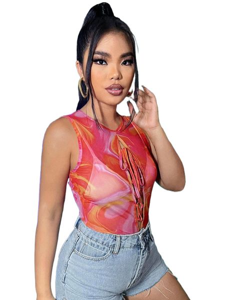 

graphic print lace up sheer mesh crop tank j6ma#, White