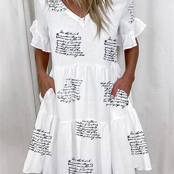 

casual ruffles loose v-neck dres summer short sleeve floral print woman fashion white boho beach es 5xl 220330, Black;gray