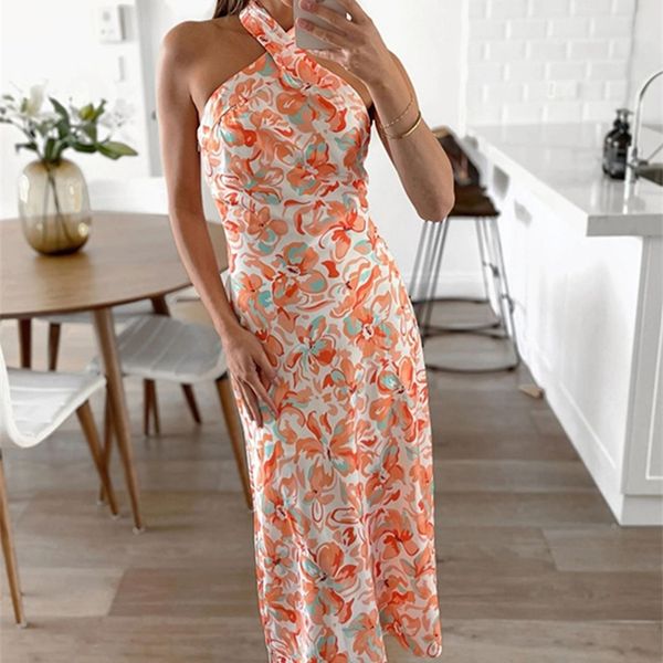 

foridol orange floral print halter sleeveless dress women's backless summer midi boho dress ladies holiday beach dresses 220511, Black;gray