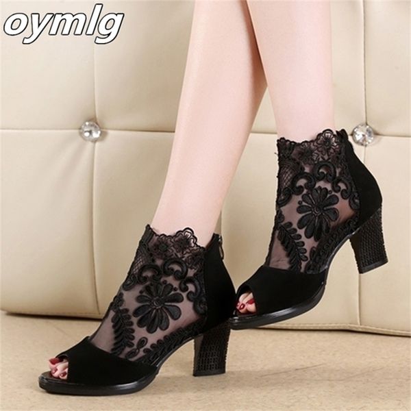 

women's shoes spring summer fashion mesh high heel sandals fish mouth high heels mid-calf shoe plus size 220406, Black