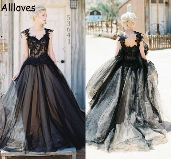 Abiti da sposa con applicazioni di pizzo nero gotico con cinturini Una linea trasparente Tulle Boho Country Abito da sposa Sweep Train Backless Vintage Brides Vestidos De Novia CL0745