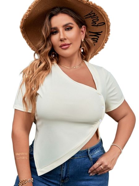 

plus asymmetrical hem button front tee 16h7#, Black