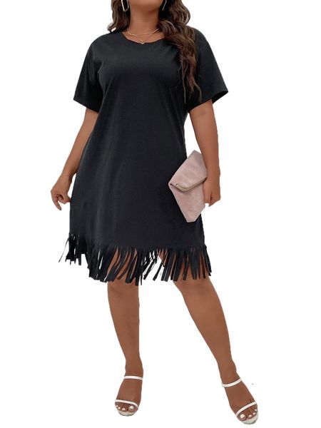 

plus fringe hem tee dress s5ek#, Black
