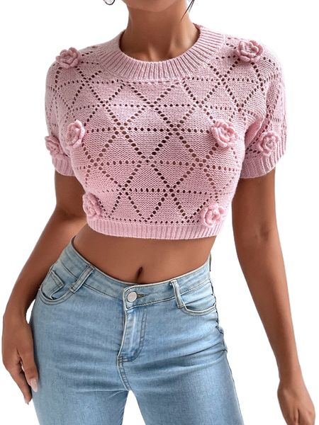 

stereo flower batwing sleeve crop pointelle knit f4yl#, White;black