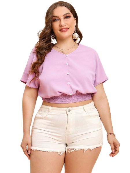 

plus solid button front shirred blouse y2xd#, Black