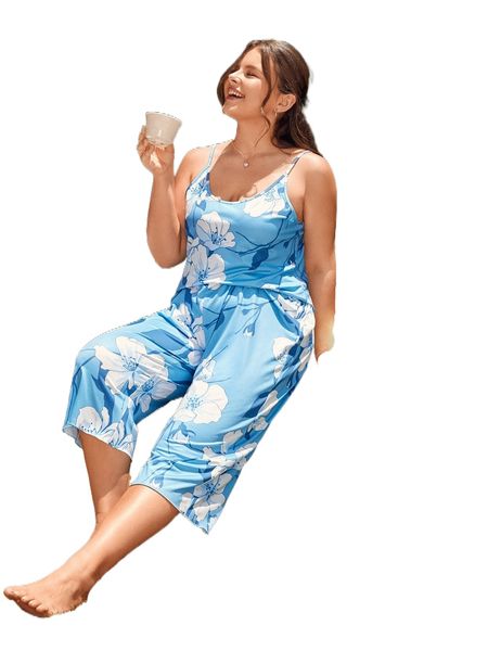 

plus floral print cami pj set u0sw#, Black;white