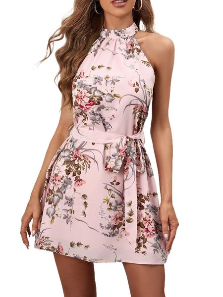 

floral print belted halter dress e6bj#, Black;gray