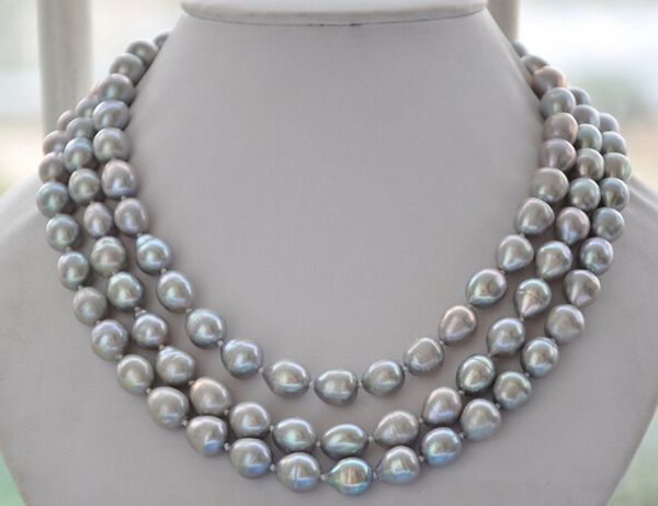 

jewelr 004794 3strands nature gray rice freshwater pearl necklace, Silver