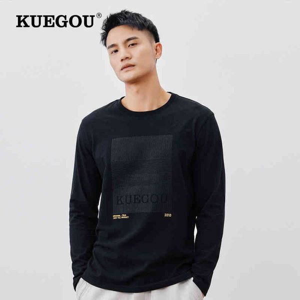 KUEGOU T-shirt grafica in cotone 100 per uomo T-shirt vintage uomo manica lunga top moda maschile coreana nuova maglietta oversize 60098 T220808