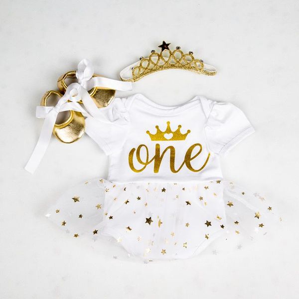 Kleidungssets 0-18 Monate Baby Mädchen Geburtstag Outfit One Letter Print Mesh Strampler Kleid Krone Stirnband Goldene SchuheKleidung