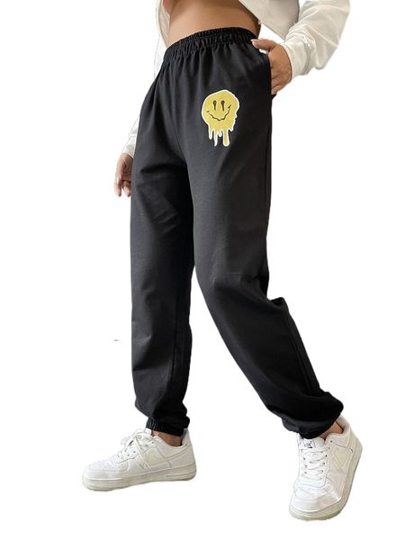 

graphic print hidden pocket sweatpants c6bj#, Black;white