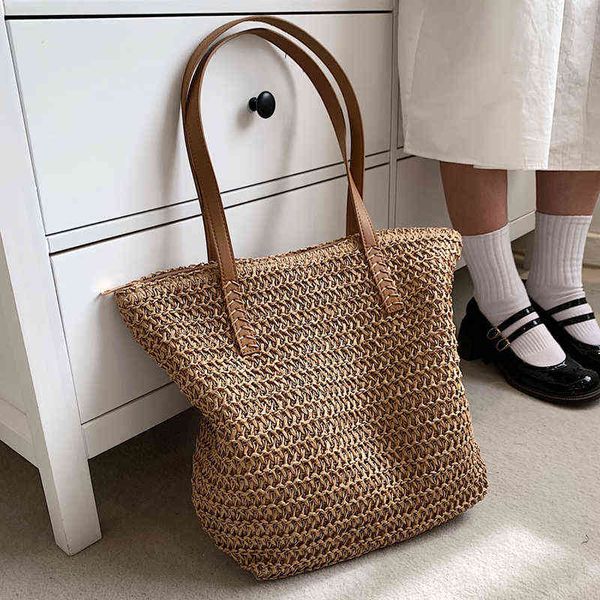 

hand-woven women's shoulder handbag bohemian 2022 summer fashion straw beach tote bag travel shopper weaving shopping bags g220517
