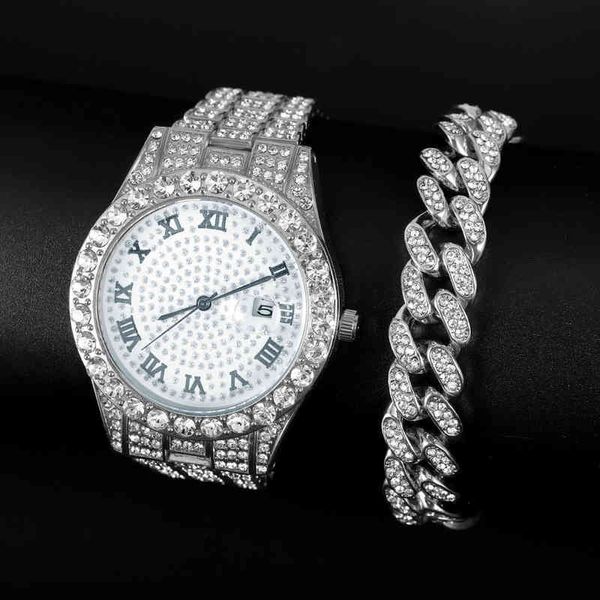 2 pezzi Watch Bracciale Combo Iced Out Cuban Link Miami Chain Bracciale Micro pavimentato I set di gioielli di lusso per uomini donne