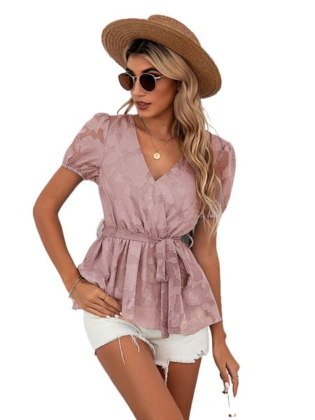 

puff sleeve applique jacquard belted peplum x2mw#, White