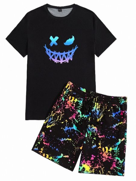 

men reflective cartoon graphic tee & splash ink print drawstring waist shorts 64fc#, Gray