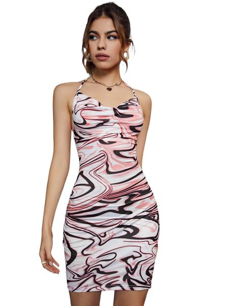 

marble print draped front halter neck backless bodycon dress v5kv#, Black;gray