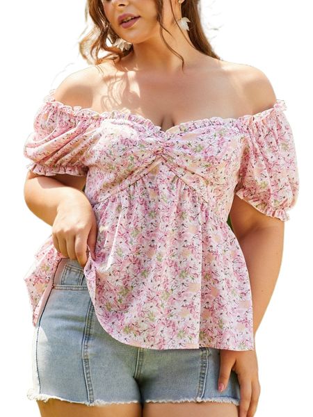 

sbetro plus ditsy floral print ruched frill trim blouse 475l#, Black