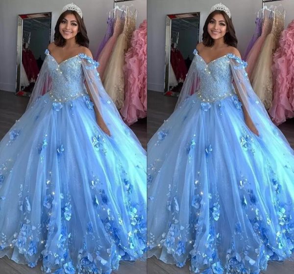 Luz Azul Novo Doce 16 Vestidos Bola Vestidos Mão Feito à Mão Frisado Applique Vestidos de Quinceanera Vestido com Envoltórios Promovê Vestidos Pro232