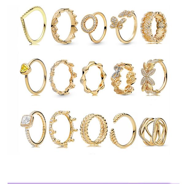 Solitaire Ring için Kadın Kız Anne Hediyesi 925 Gümüş Altın Serisi Elmas yığılmış DIY Basit Tasarımcı Takı Pandora Beyaz Kutu Bant Boyutu 50-58 Mm Kadın Sevgililer Halkalar