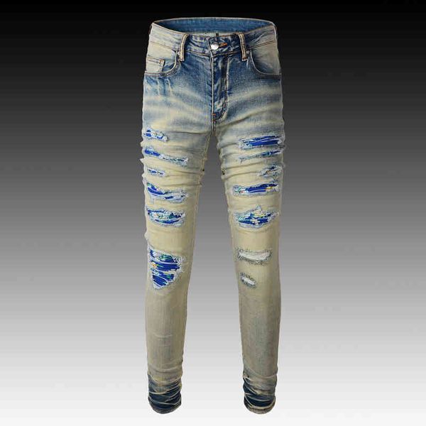 

men's jeans fashionable style worn and patched youth jeans men's slim fit small feet high-end trendy pants rtmb, Blue