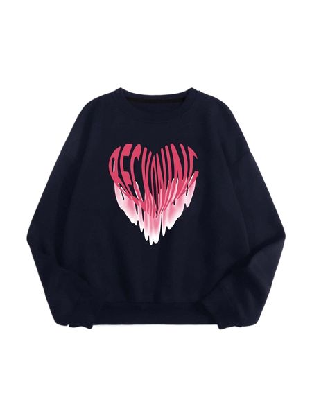 

heart print drop shoulder pullover 73ru#, Black