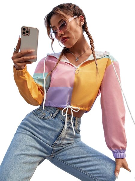 

colorblock drawstring hem half zip hooded jacket 98qz#, Black;brown