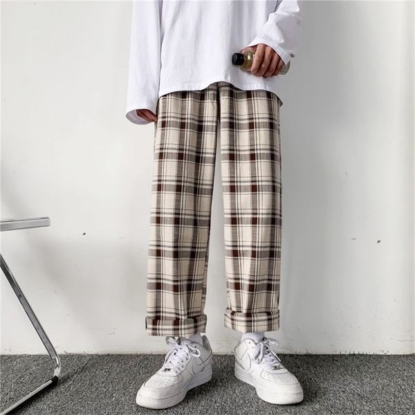 Houzhou calças xadrez homens homens linens coreano verificado calças masculino streetwear fundos de moda verão perna larga harajuku respirável 220325