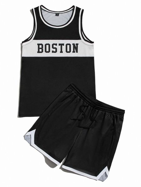 

men letter graphic tank & drawstring waist shorts b0ri#, Gray