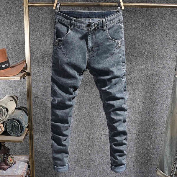 

men's jeans fashionable simple jeans men's fashion brand elastic slim fit feet korean style versatile casual pants y30g, Blue