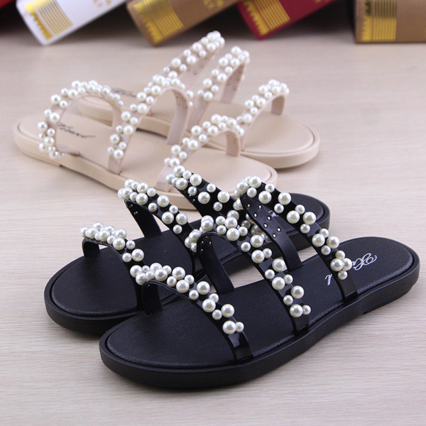 

2022 new slippers europe and the united states fashion outer wear flat pearl slippers women's summer flip flops beach sandals, Black