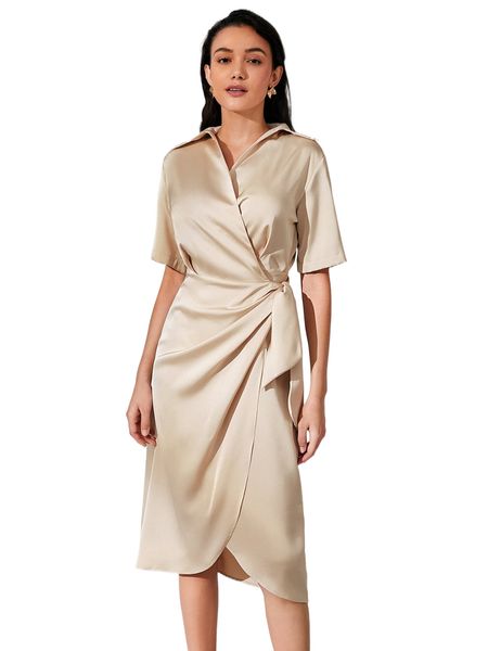 

solid wrap knot side dress y9te#, Black;gray