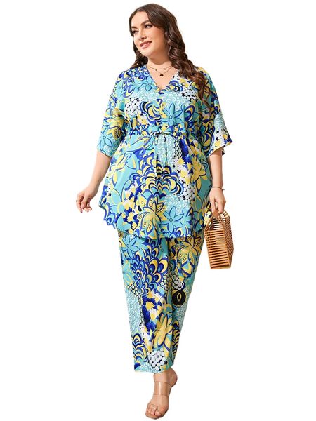 

plus floral & fish scales print drawstring waist & pants 88g9#, Black