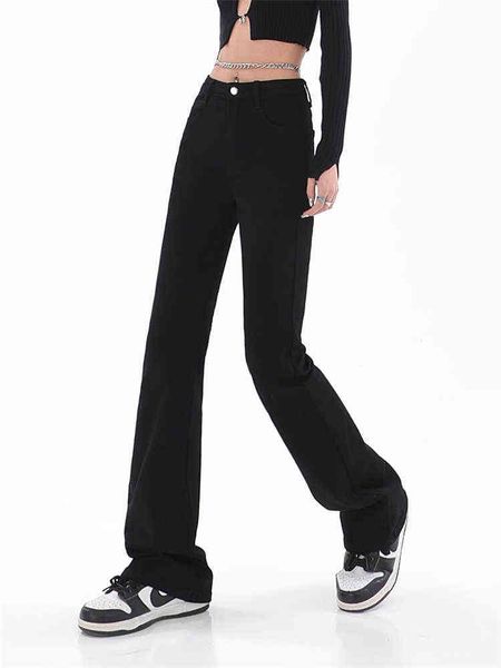 Jeans de flare solto de cintura preta para mulheres calças de perna larga elástica moda namorado estilo jeans calças retrô plus size t220728