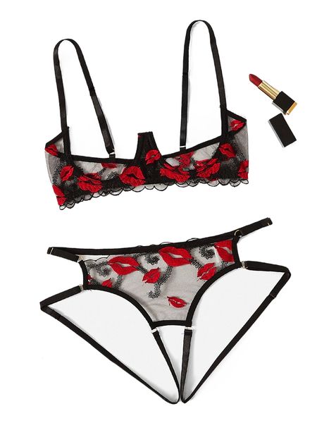 

lip embroidered mesh underwire lingerie set h2bm#, Black;red
