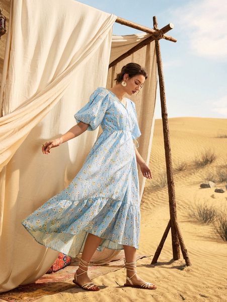 

floral puff sleeve flounce hem dress q4s4#, Black;gray