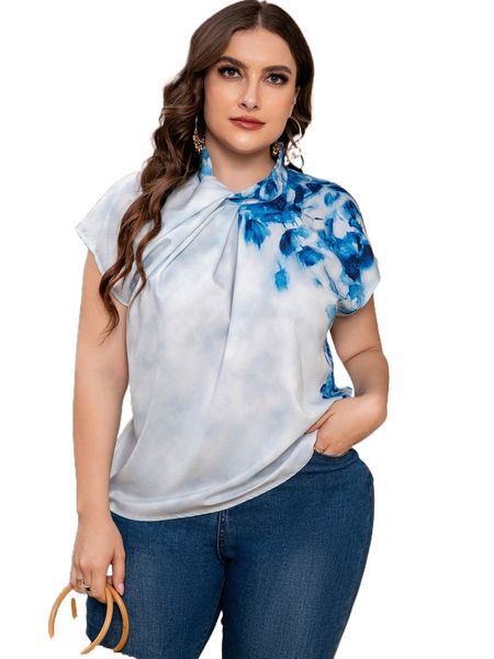 

plus floral print batwing sleeve blouse 49bp#, Black