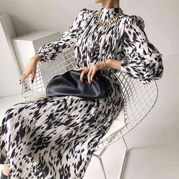 

zebra print pleated women's long dress spring long lantern sleeve female dresses with belt 2021 summer elegant ladies clothes t220816, Black;gray