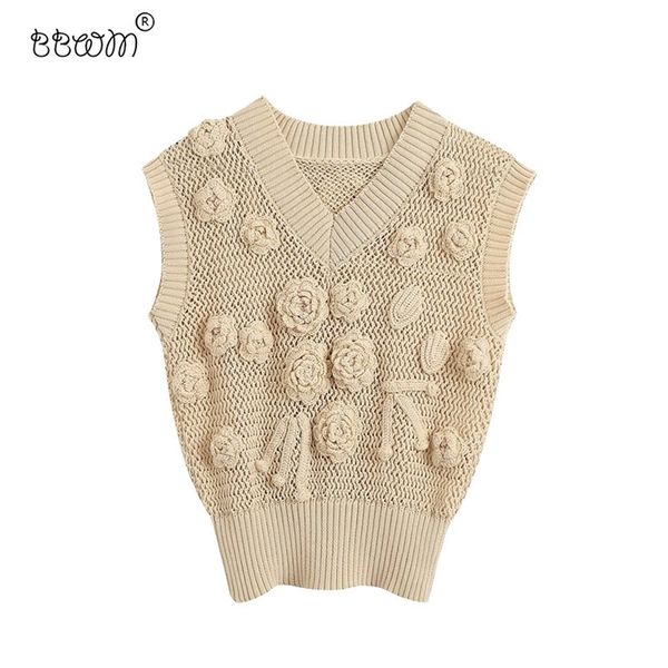 Kadınlar zarif moda el yapımı tığ işi detay örtüsü Vintage v Boyun kolsuz şeritli Trims Sweaters Chic Tops 210520