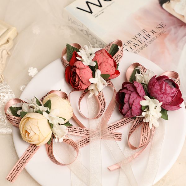 Wrist Flower Wedding Bridesmaid Hand Rose Flowers Artificial Ribbon Party Prom 3Colors W1986