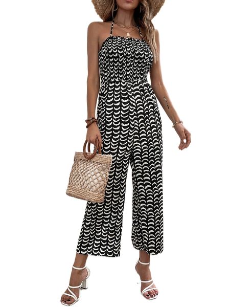 

allover print shirred tie back halter jumpsuit m0mg#, Black;white