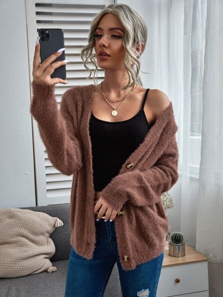 

raglan sleeve button front fuzzy cardigan q8yc#, White;black