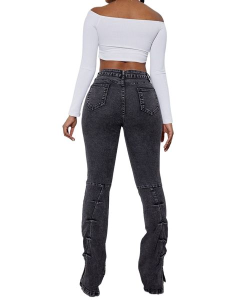 

ruched split hem flare leg jeans b35n#, Blue