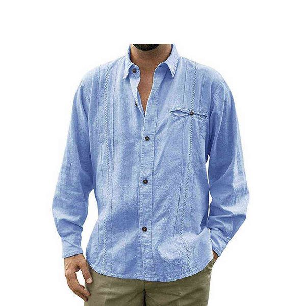 Camicia di lino solido di nuova moda da uomo casual manica lunga con bottoni risvolto cardigan di lino camicie da uomo comode chemise maschili L220704