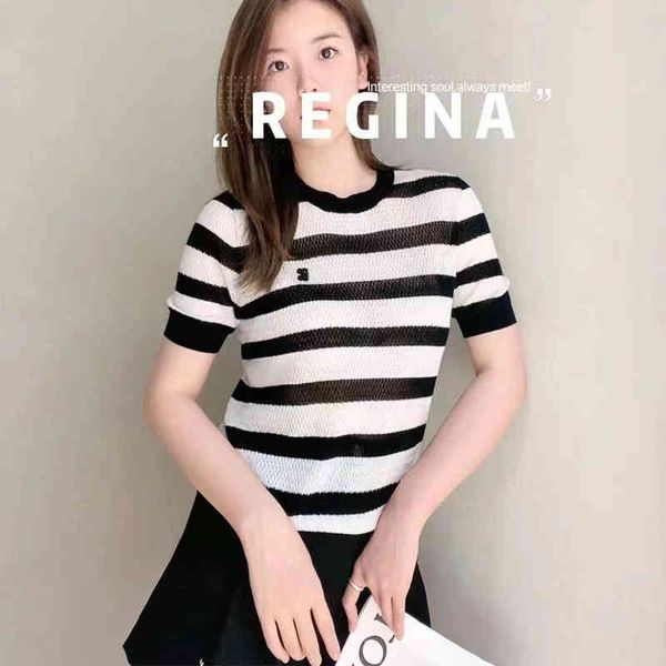 

women's t-shirt high version ce stripe embroidery letter round neck knit short sleeve versatile thin women w93q, White