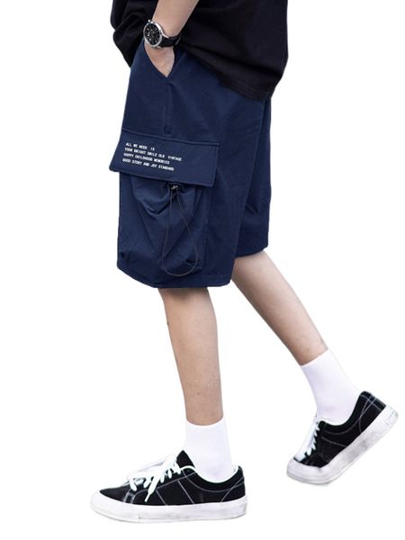 

men slogan graphic drawstring flap pocket cargo shorts 48ux#, White;black