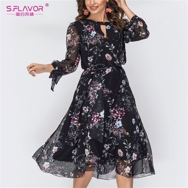 

s.flavor women flower print chiffon dress o neck hollow out long sleeve dress female elegant a line party vestidos 2022 220317, Black;gray